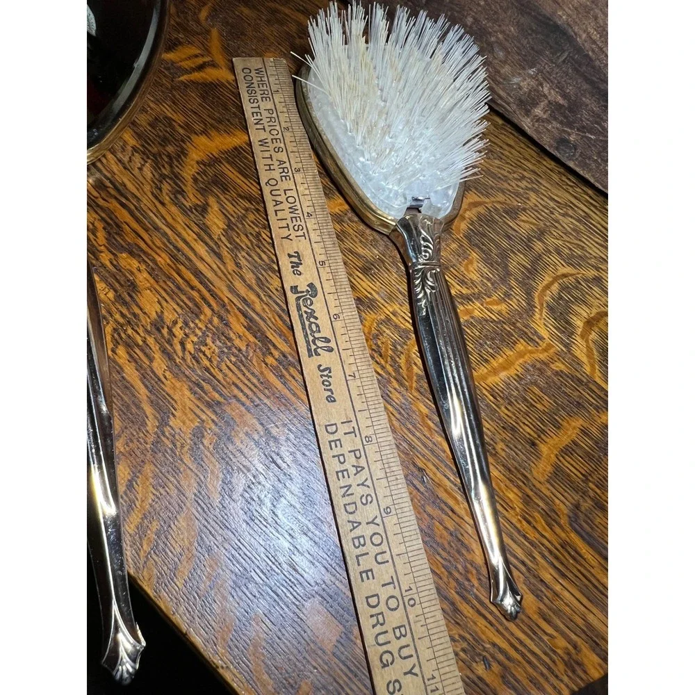 VTG Holywood Regency Floral Silver Gold Tone Hand Mirror & Hair Brush Vanity Set
